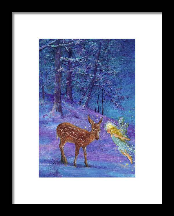 Magical Winter Woodland Framed Print featuring the painting Winter Fairy with Fawn by Judith Cheng