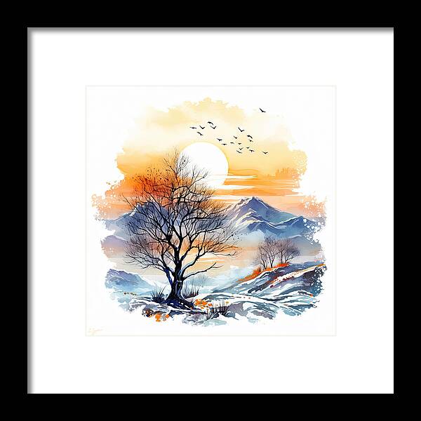 Four Seasons Framed Print featuring the painting Winter Glowing - Winter Modern Watercolor Art by Lourry Legarde