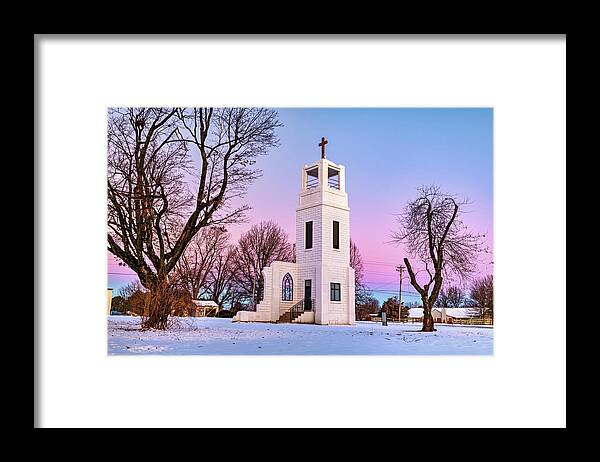 Historic Tower Framed Print featuring the photograph Winter Grace - The Tontitown Bell Tower In A Purple And Blue Dawn by Gregory Ballos