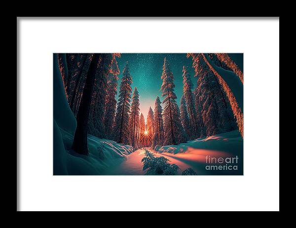 Tree Framed Print featuring the digital art Winter landscape at majestic sunset by Jelena Jovanovic