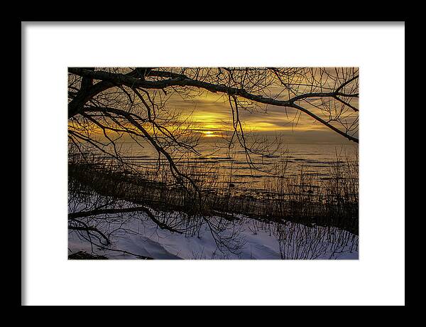 Lake Michigan Framed Print featuring the photograph Winter Sunrise Through the Branches by Deb Beausoleil