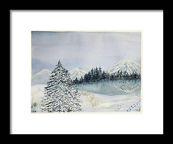 Winter Framed Print featuring the painting Winter Tree and Mountains by Lisa Neuman