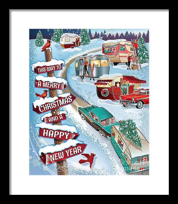 Mid-century Christmas Framed Print featuring the digital art Winter Vintage Campers Christmas Wall Art by Diane Dempsey