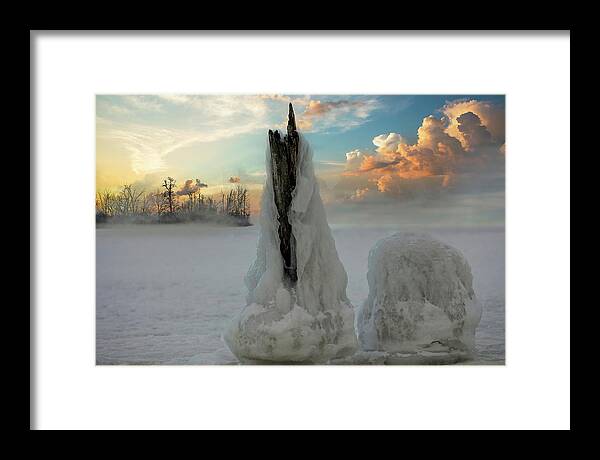 Photography #nature Photography #nature Is Art#winter Weather #art Object #cild Weather #icy#snow Figure#wood#winter Light #winter Sunshine #winter On The Beach #sky And Clouds#latvia Framed Print featuring the photograph Winter Weather Art /Latvia by Aleksandrs Drozdovs