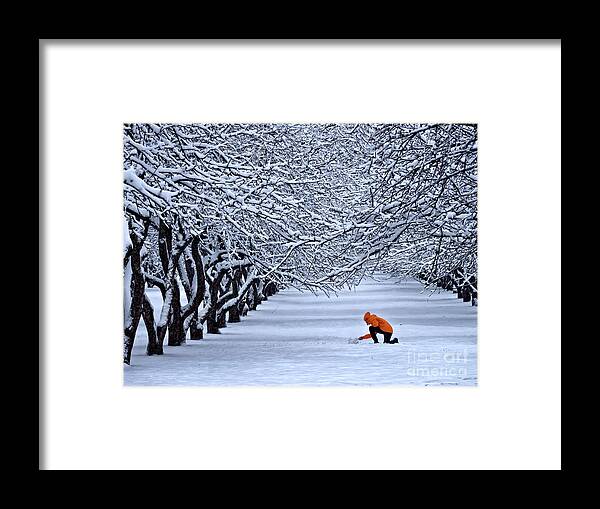 Winter Wonderland Trees Overlapping Branches Snow Boy Orange Coat Snowball Cheerful Happy Structural Christmas Card Vivid Bright Snowman Cold Freezing Romantic Beautiful Stunning Delightful Jolly Joy Landscape Scenery Mindfulness Inspirational Serene Tranquil Magic Poetic Singular Powerful Striking Stimulating Thrilling Charming Atmospheric Aesthetic Shelter Eccentric Pleasant Serenity Stylish Solitary Lonely Lonesome Loner Single Openwork Haven Expressive Impressions Simple Effective Fantastic Framed Print featuring the photograph Winter Wonderland Trees Overlapping Branches Covered With Snow Boy In Orange Coat Is Making Snowman by Tatiana Bogracheva