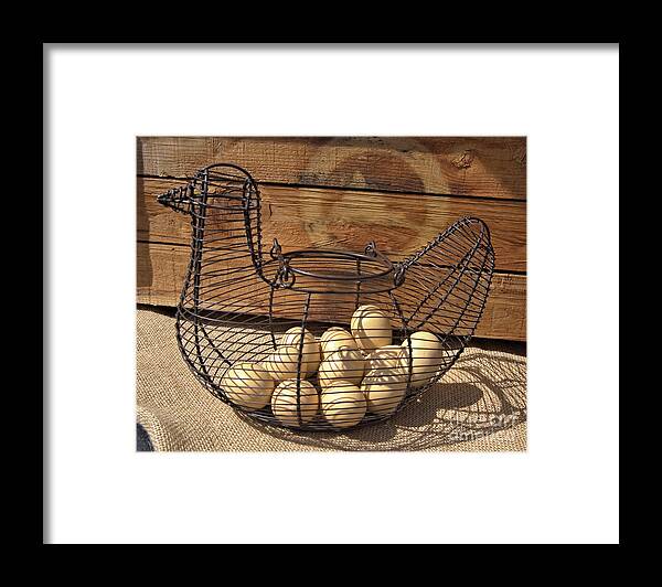 Wire Framed Print featuring the photograph Wire Chicken Faux Eggs by Kae Cheatham