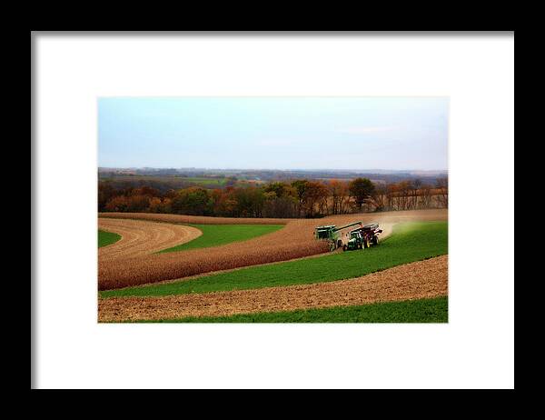 Wisconsin Farm Farming Corn John Deere Combine Tractor Contour Agriculture Harvest Landscape Scenic Framed Print featuring the photograph WisContours - Corn harvest on the driftless prairie of SW Wisconsin by Peter Herman