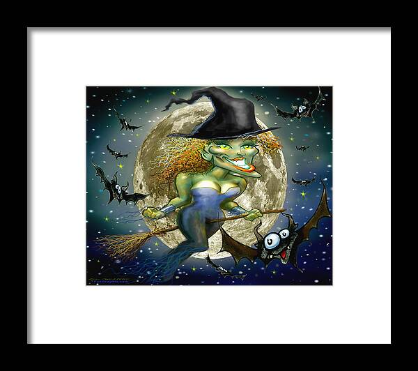 Witch Framed Print featuring the digital art Witch on Broomstick at Full Moon by Kevin Middleton