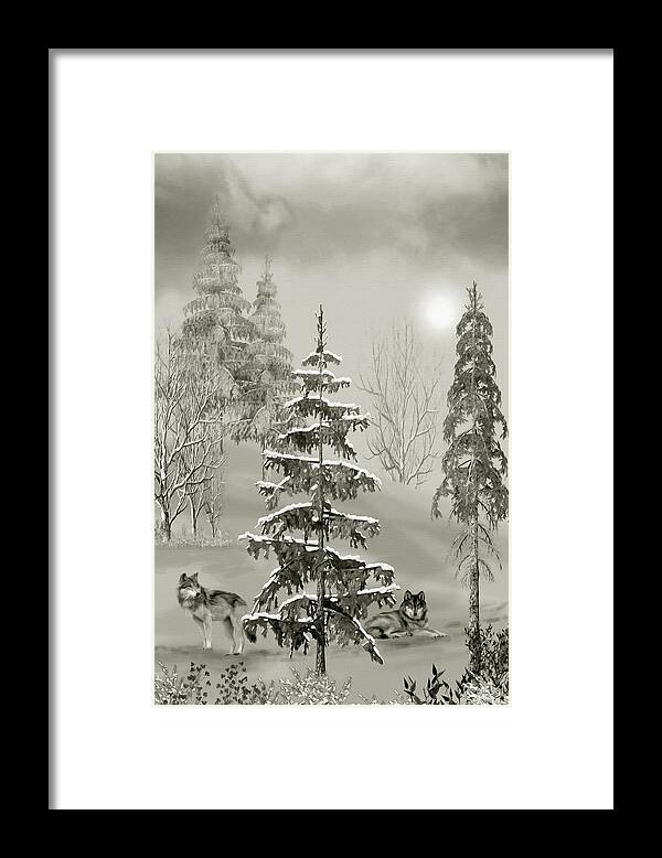 Wolf Framed Print featuring the mixed media Wolves In The Winter Forest by David Dehner