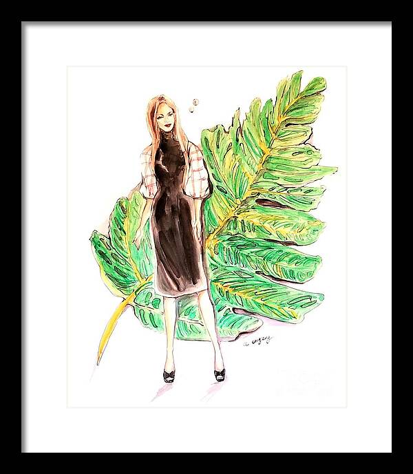 Chinese Brush Painting Framed Print featuring the painting Woman and Green Leaf by Leslie Ouyang