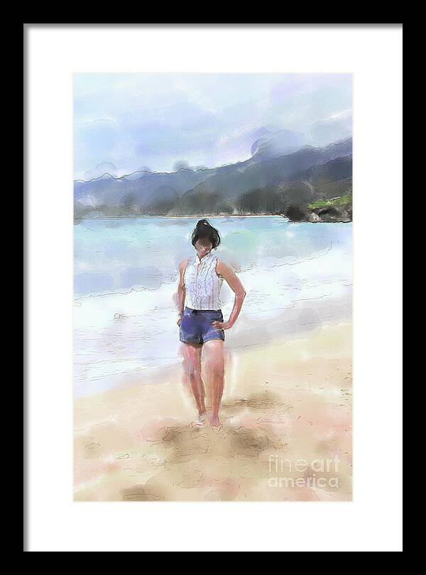Beach Framed Print featuring the digital art Woman on the Beach Watercolor by Tanya Owens