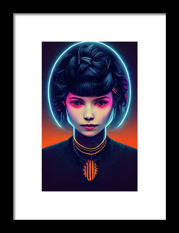 Woman Framed Print featuring the digital art Woman Portrait 07 Synthwave Girl by Matthias Hauser
