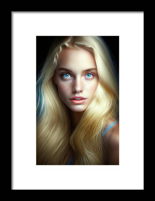 Woman Framed Print featuring the digital art Woman Portrait 25 Blonde Hair Blue Eyes by Matthias Hauser