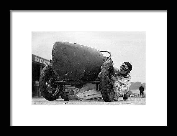 Woman Racer Framed Print featuring the mixed media Woman racer at Brooklands 1930s by Retrographs