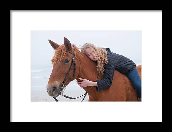 Horse Framed Print featuring the photograph Woman riding horse on beach by Zero Creatives
