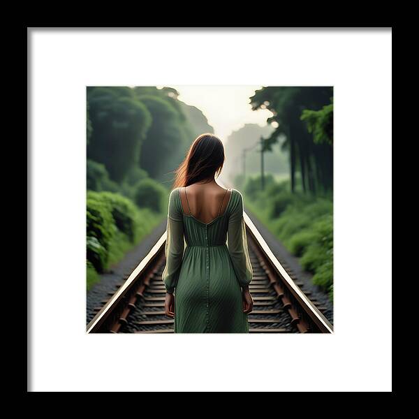 Woman Framed Print featuring the digital art Woman walking train tracks.  by Ray Shrewsberry