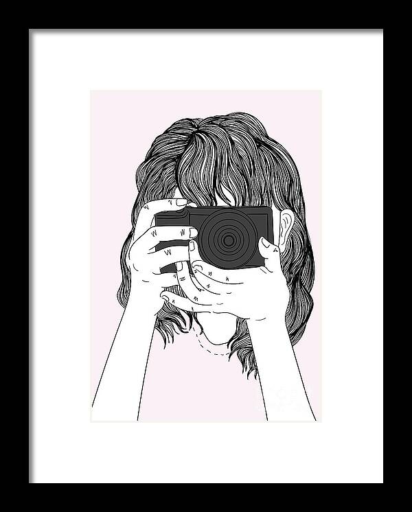 Graphic Framed Print featuring the digital art Woman With A Camera - Line Art Graphic Illustration Artwork by Sambel Pedes