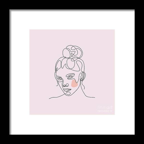 Digital Framed Print featuring the drawing Woman's head single line art print, minimalist woman line drawing, simple line art female face by Mounir Khalfouf