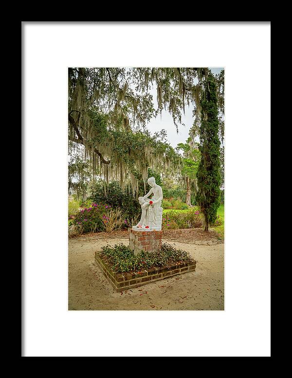 Alligator Framed Print featuring the photograph Wood Nymph Statue at Middleton Place Plantation by Cindy Robinson