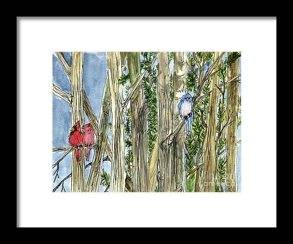 Woodland Birds Framed Print featuring the painting Woodland Birds by Laurie Rohner