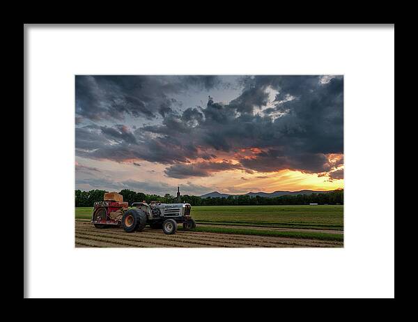 #tractor#farm#stow#western#maine#summer#sunset#fields Framed Print featuring the photograph Work Day is Done by Darylann Leonard Photography