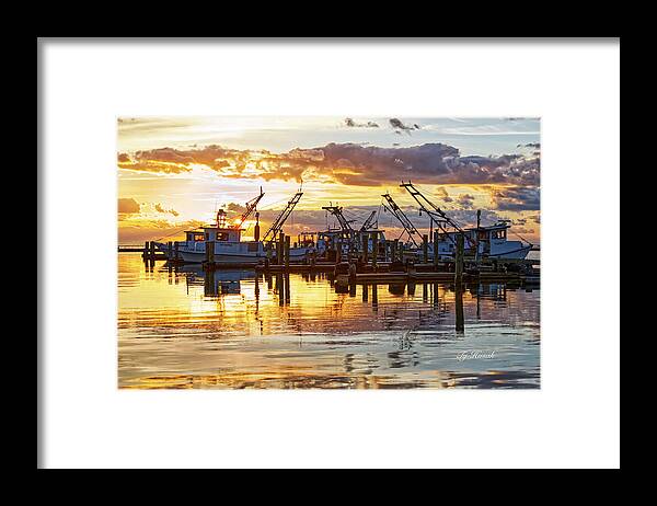 Sunrise Framed Print featuring the photograph Workboats on Silver and Gold by Ty Husak