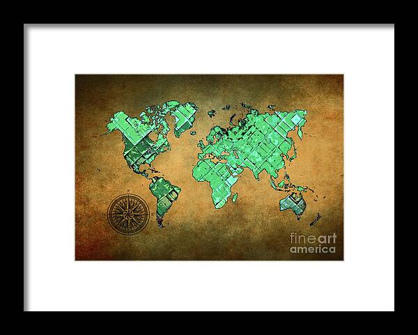 Map Of The World Framed Print featuring the digital art World Map Art Green Brown #map #worldmap by Justyna Jaszke JBJart