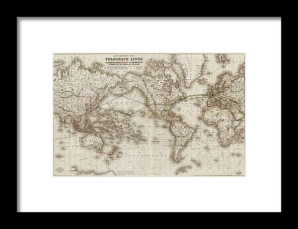 Rails Framed Print featuring the drawing World Telegraph Lines 1871 by Vintage Railroad Maps