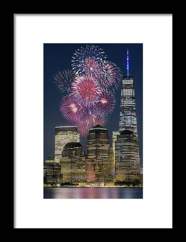 Fireworks Framed Print featuring the photograph WTC NYC Fireworks by Susan Candelario