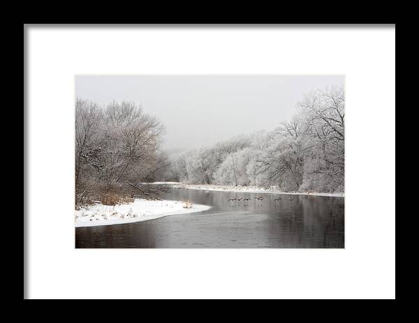 Yahara Framed Print featuring the photograph Yahara Winterscape - Yahara river near Stoughton WI with geese flying by Peter Herman