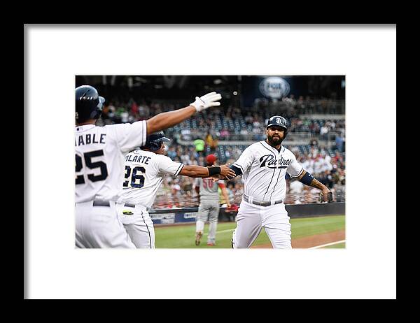 People Framed Print featuring the photograph Yangervis Solarte, Will Venable, and Matt Kemp by Denis Poroy