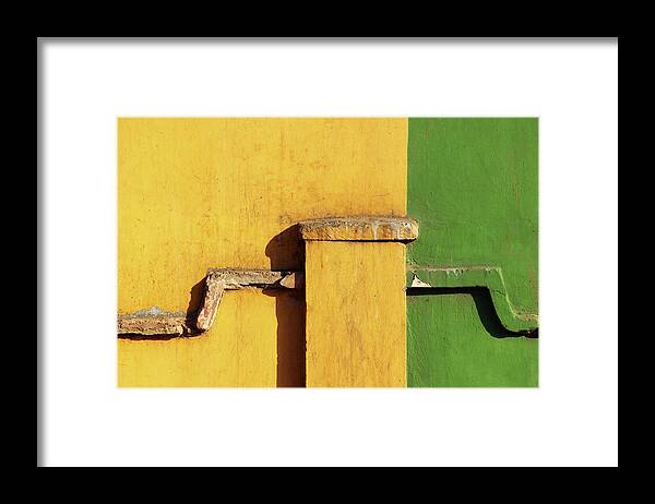 Three Fourth Framed Print featuring the photograph Yellow and Green Minimalist Wall Pattern by Prakash Ghai