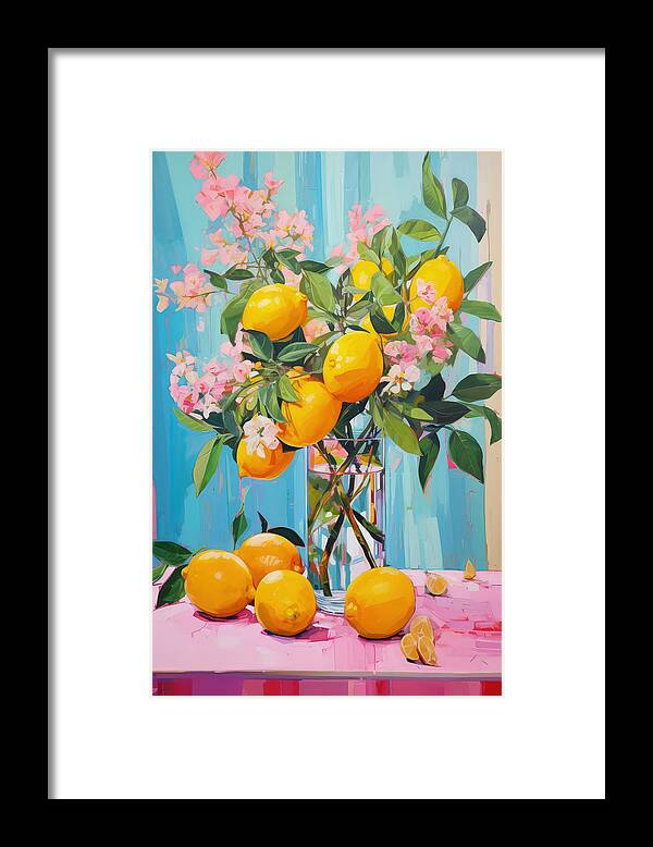 Lemons Framed Print featuring the painting Yellow and Pink Bouquet by Lourry Legarde