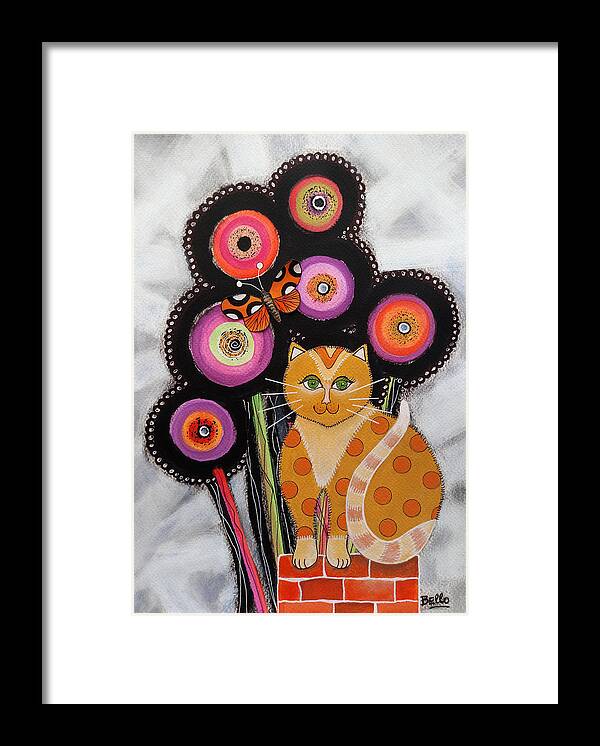 Cat Framed Print featuring the painting Yellow cat with Flowers by Graciela Bello