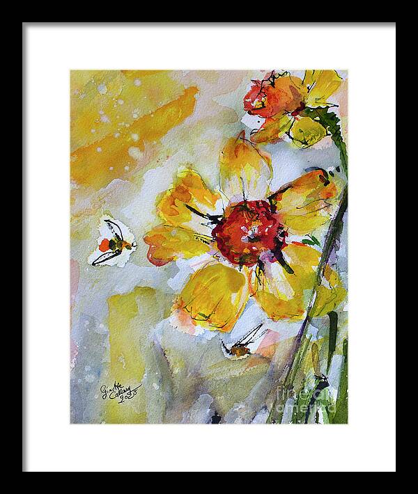 Yellow Flowers Framed Print featuring the painting Yellow Daffodils and Bees 2 Watercolor Painting by Ginette Callaway