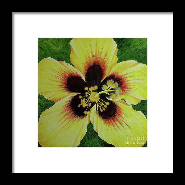 Yellow Flowers Framed Print featuring the painting Yellow Hibiscus Macro by Mary Deal