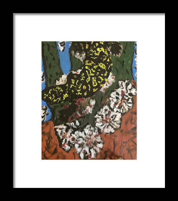 Paintings Of Lizards Framed Print featuring the mixed media Yellow lizard Cactus Flowers by Bencasso Barnesquiat