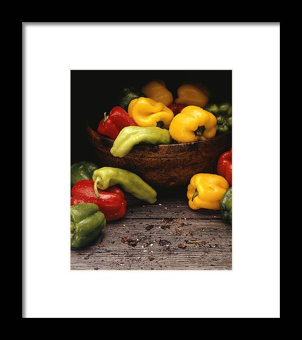 Large Group Of Objects Framed Print featuring the photograph Yellow, red and green peppers in bowl, (Close-up) by Paul Katz