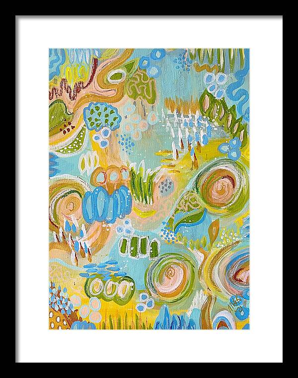 Colourful Flowers Wild Bungles Western Australia Landscape Rocks Blue Pink Purple Gold Brown Green Fauna Abstract Shapes Framed Print featuring the painting Yellow Water Marsh and Mellow by Michelle Kennedy