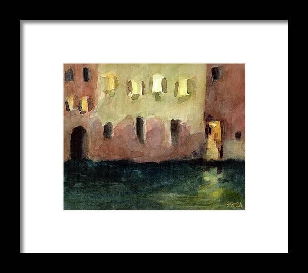 Venice Framed Print featuring the painting Yellow Windows at Night Watercolor Painting of Venice Italy by Beverly Brown