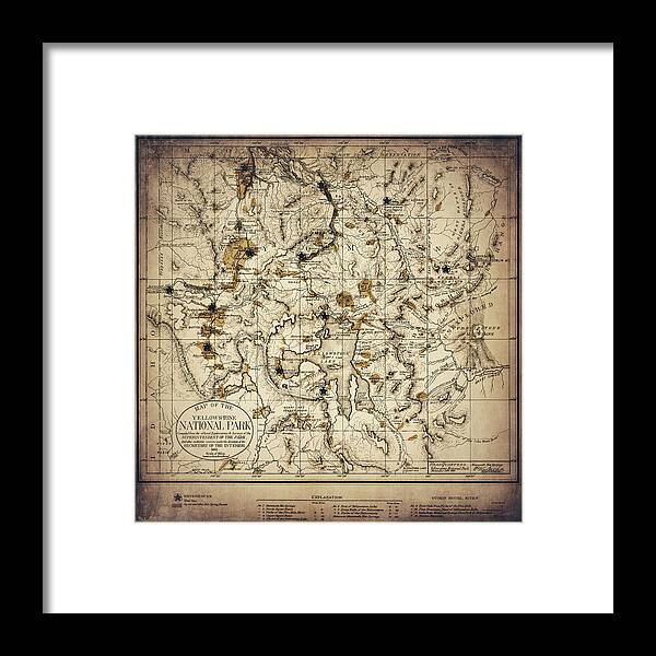 Yellowstone Framed Print featuring the photograph Yellowstone National Park Vintage Map 1881 Sepia by Carol Japp