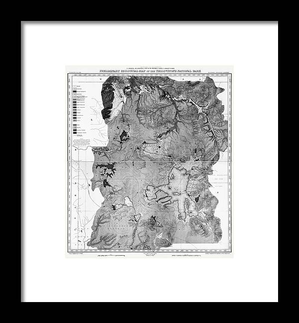 Yellowstone Framed Print featuring the photograph Yellowstone National Park Vintage Preliminary Geological Map 1878 Black and White by Carol Japp