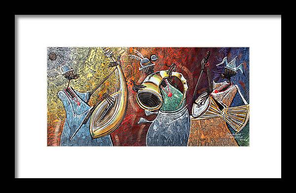Africa Framed Print featuring the painting Yoruba, Hausa, Ibo Musicians #1 by Paul Gbolade Omidiran