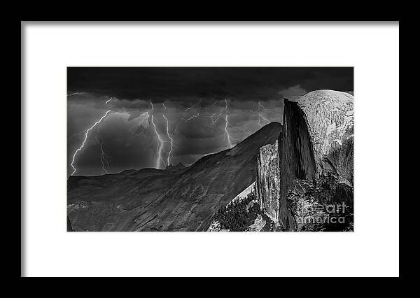 Yosemite Framed Print featuring the photograph Yosemite Half Dome LIghtning Landscape BW by Chuck Kuhn