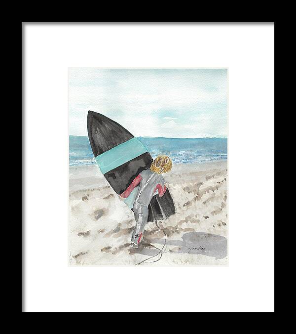 Surfer Framed Print featuring the painting Young Surfer's Love by Claudette Carlton