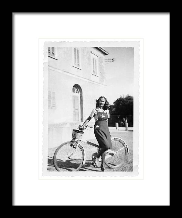 People Framed Print featuring the photograph Young Woman With Bicycle in 1935.Black And White by Lisa-Blue