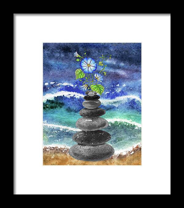 Zen Rocks Framed Print featuring the painting Zen Rocks Cairn Meditative Tower Blue Morning Glory Flower Watercolor by Irina Sztukowski