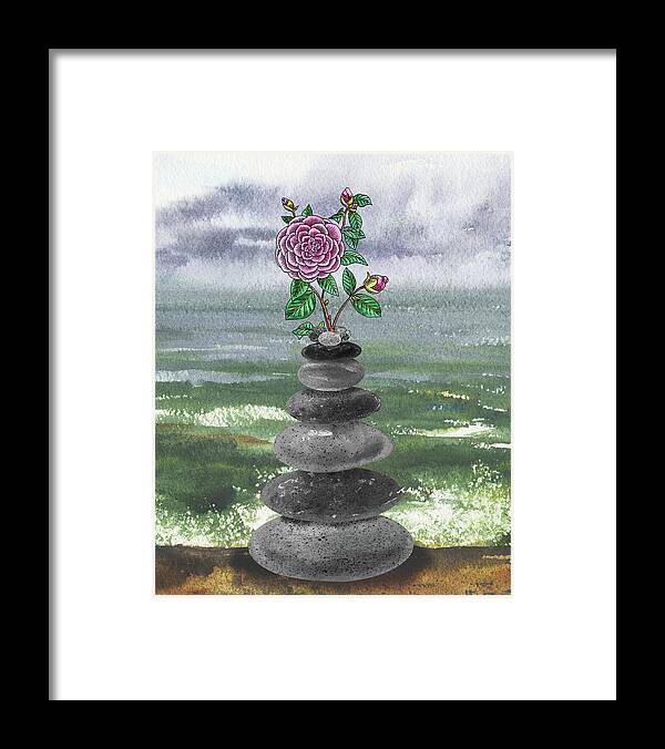 Zen Rocks Framed Print featuring the painting Zen Rocks Cairn Meditative Tower With Camellia Flower Watercolor by Irina Sztukowski