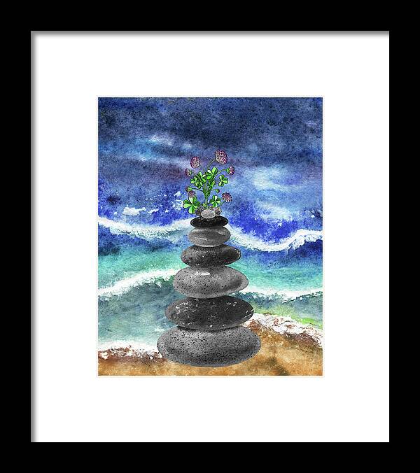 Cairn Rocks Framed Print featuring the painting Zen Rocks Cairn Meditative Tower With Lucky Clover Flower Watercolor by Irina Sztukowski
