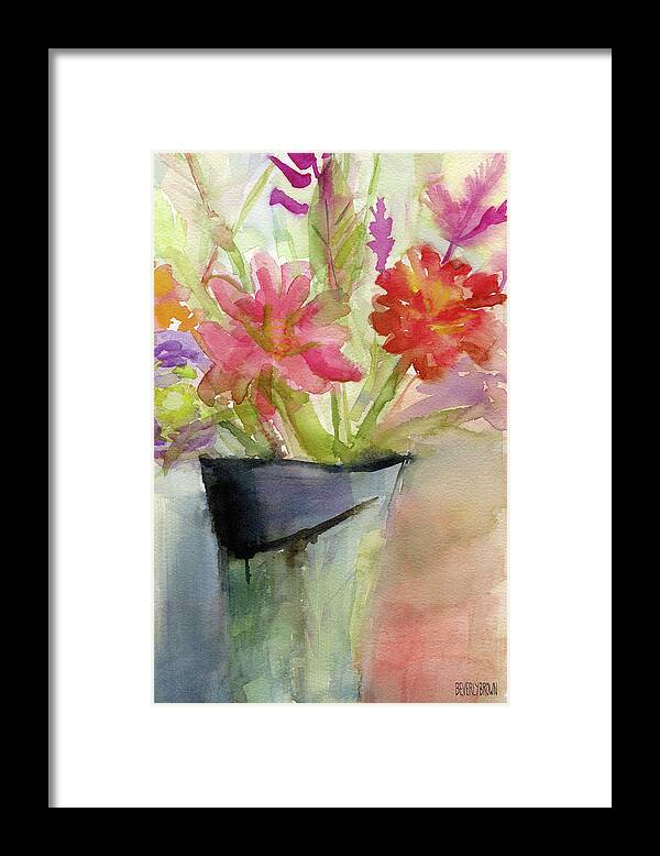 Floral Framed Print featuring the painting Zinnias in a Vase Watercolor Paintings of Flowers by Beverly Brown